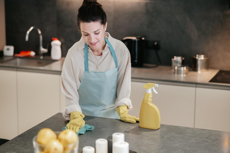 Woman wiping the countertop with cloth